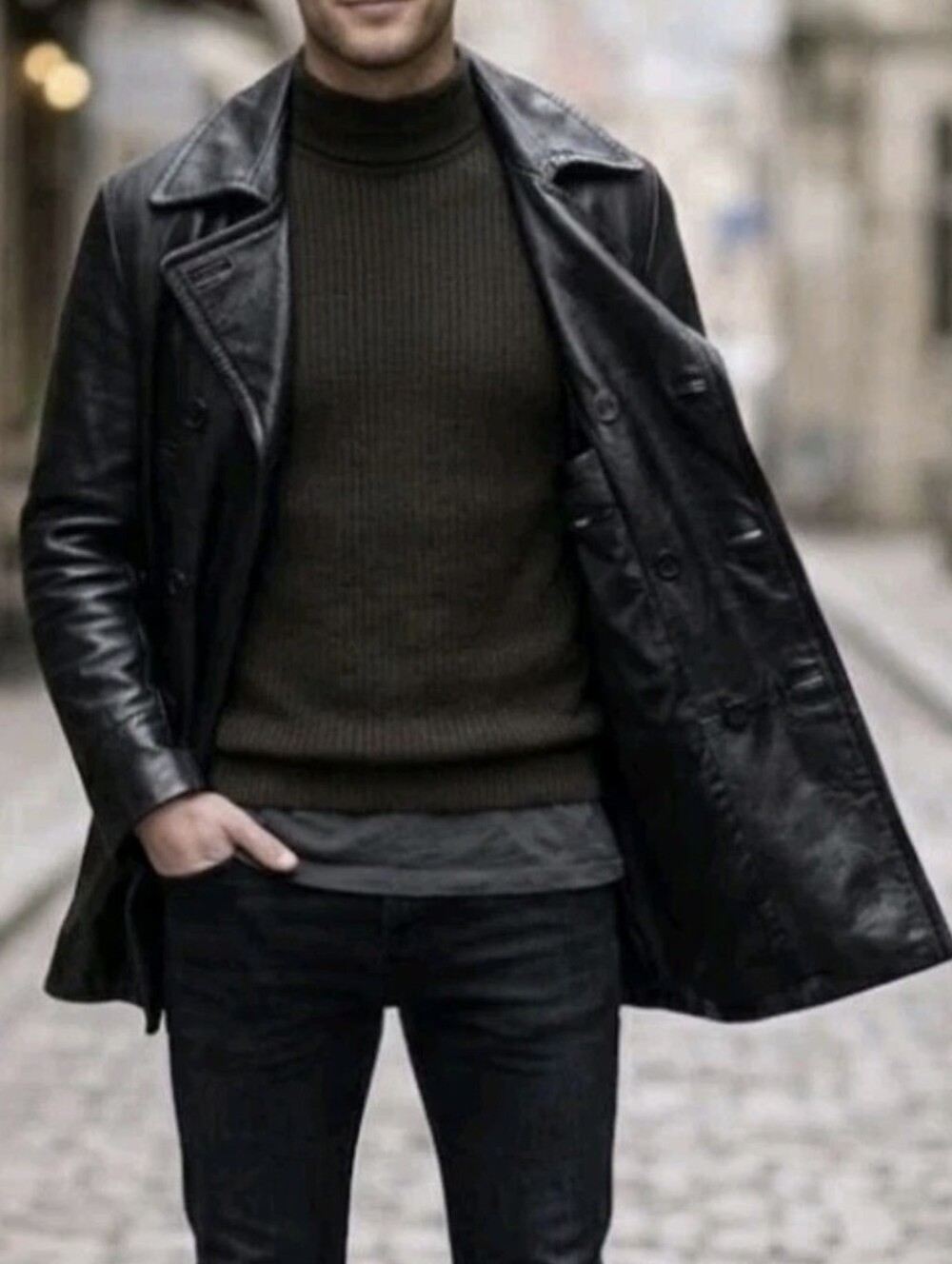 Banana Republic Men's Double-Breasted Leather Pea Coat in Black Size M. - Picture 2 of 11